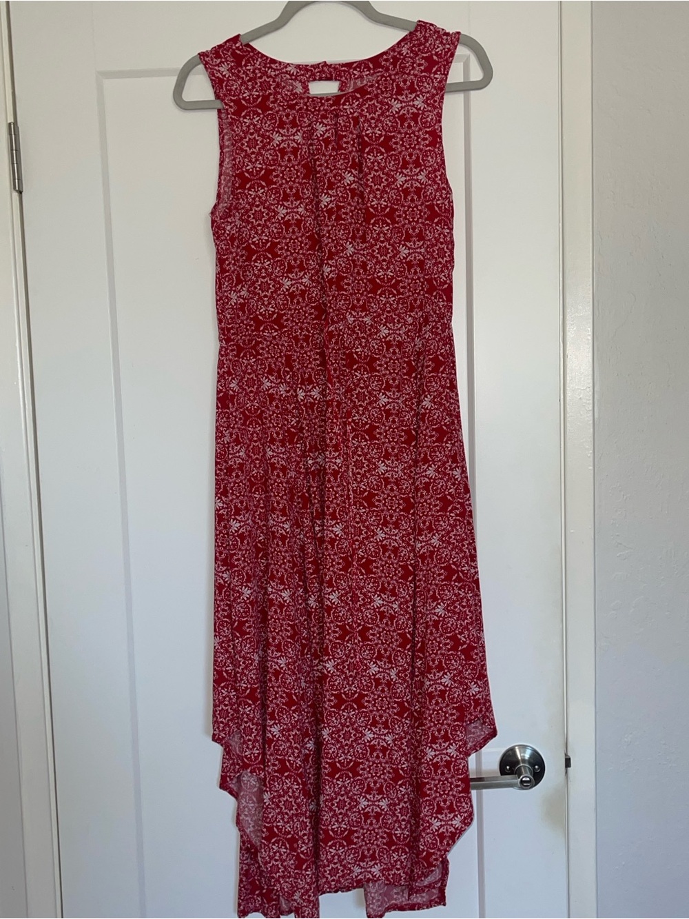 APRICOT Red Sleeveless Boho High- Low Dress with White Floral Motif -Small